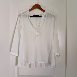 Zara Basic white sheer blouse with a V-neck, three-quarter sleeves Size L